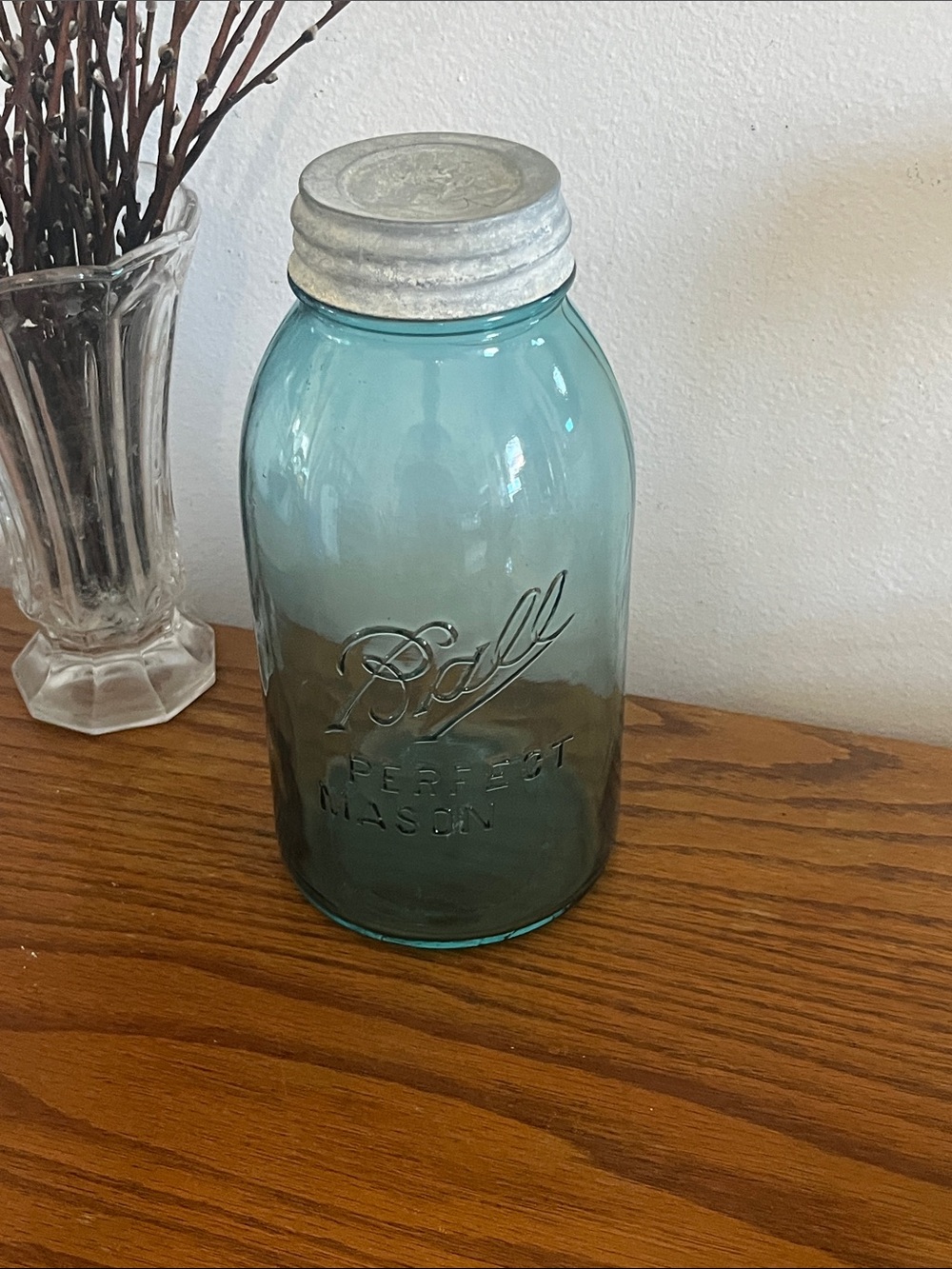 Vintage 2 qt Ball Perfect Mason Blue Glass Jar with Zinc Lid